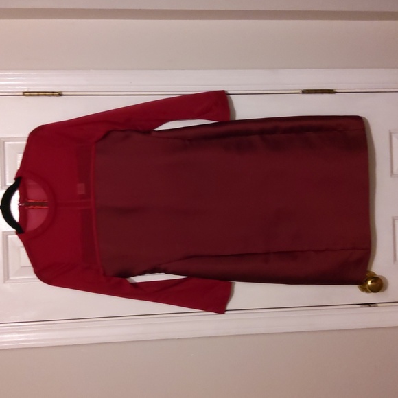 💥New💥IRIS & INK Dark Red Satin/Sheer Long- Sleeve Dress - Picture 3 of 8